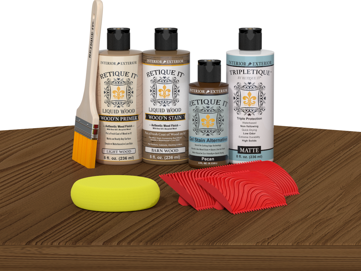 Retique It® Wood'n Kit Modern Walnut interior topcoat set displayed on table, showcasing wood finish application and kit components.