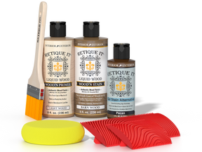 Retique It® Modern Walnut Wood Kit with primer, stains, brush, yellow sponge, and red graining tools.