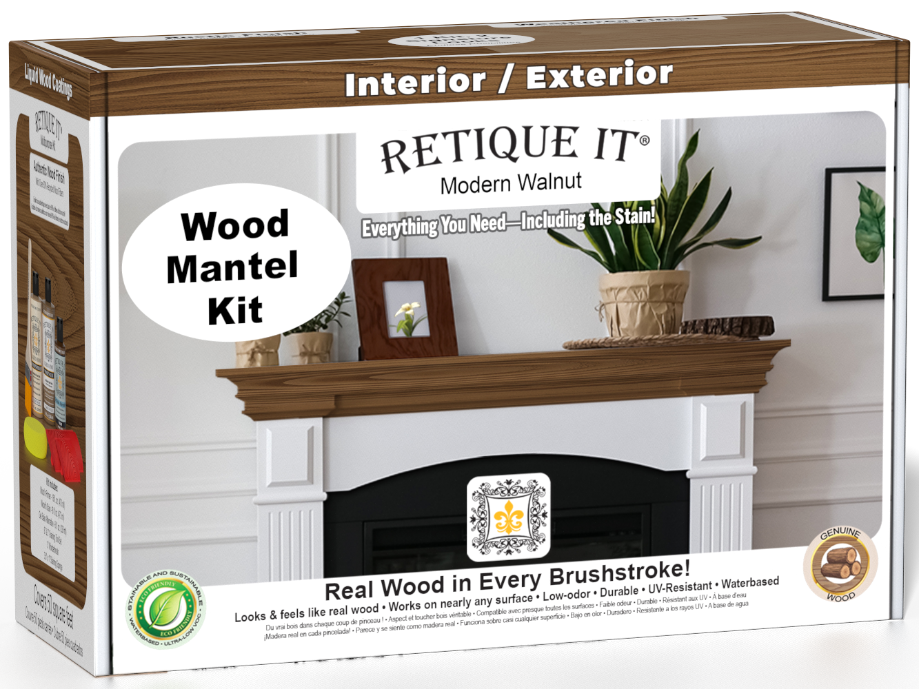 Retique It® Modern Walnut Wood Mantel Kit packaging featuring a wood-look fireplace mantel.
