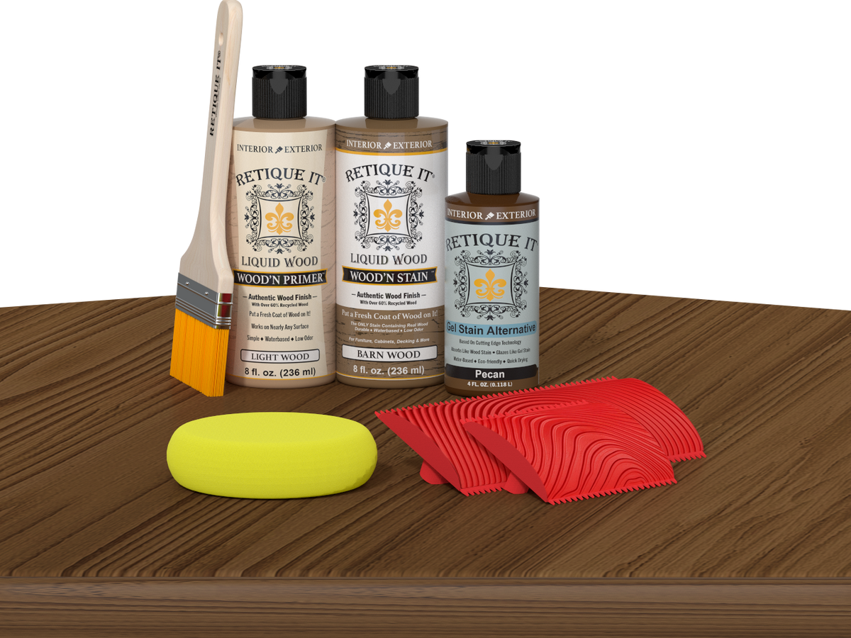 Retique It® Modern Walnut Wood Kit with primer, stains, brush, yellow sponge, and red graining tools.