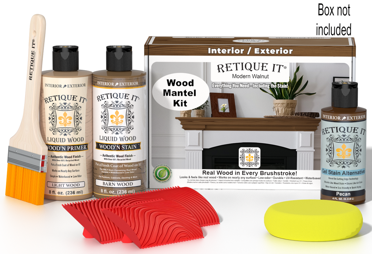 Retique It® Modern Walnut Wood Mantel Kit with primer, stains, brush, yellow sponge, red graining tools, and packaging.