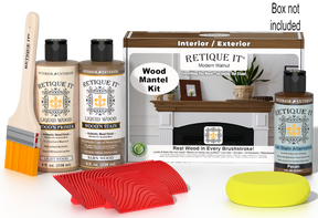 Retique It® Modern Walnut Wood Mantel Kit with primer, stains, brush, yellow sponge, red graining tools, and packaging.