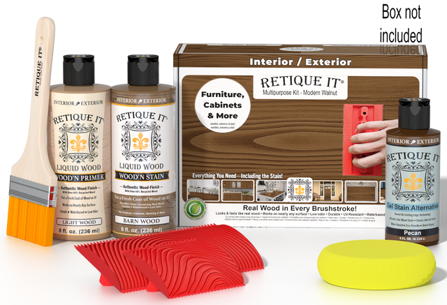 Retique It Wood'n Finish Kit in Modern Walnut with wood finish, applicator, and accessories for multi-purpose wood projects.