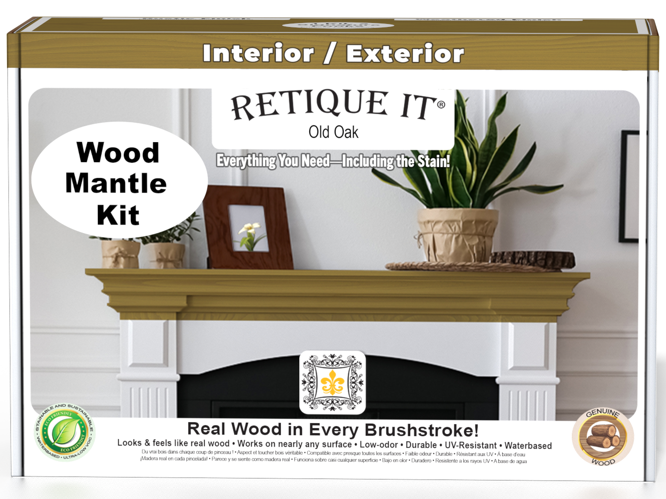Retique It® Fireplace Mantel Wood'n Finish Kit in Old Oak stain, showing a detailed front view of the wood finish application.