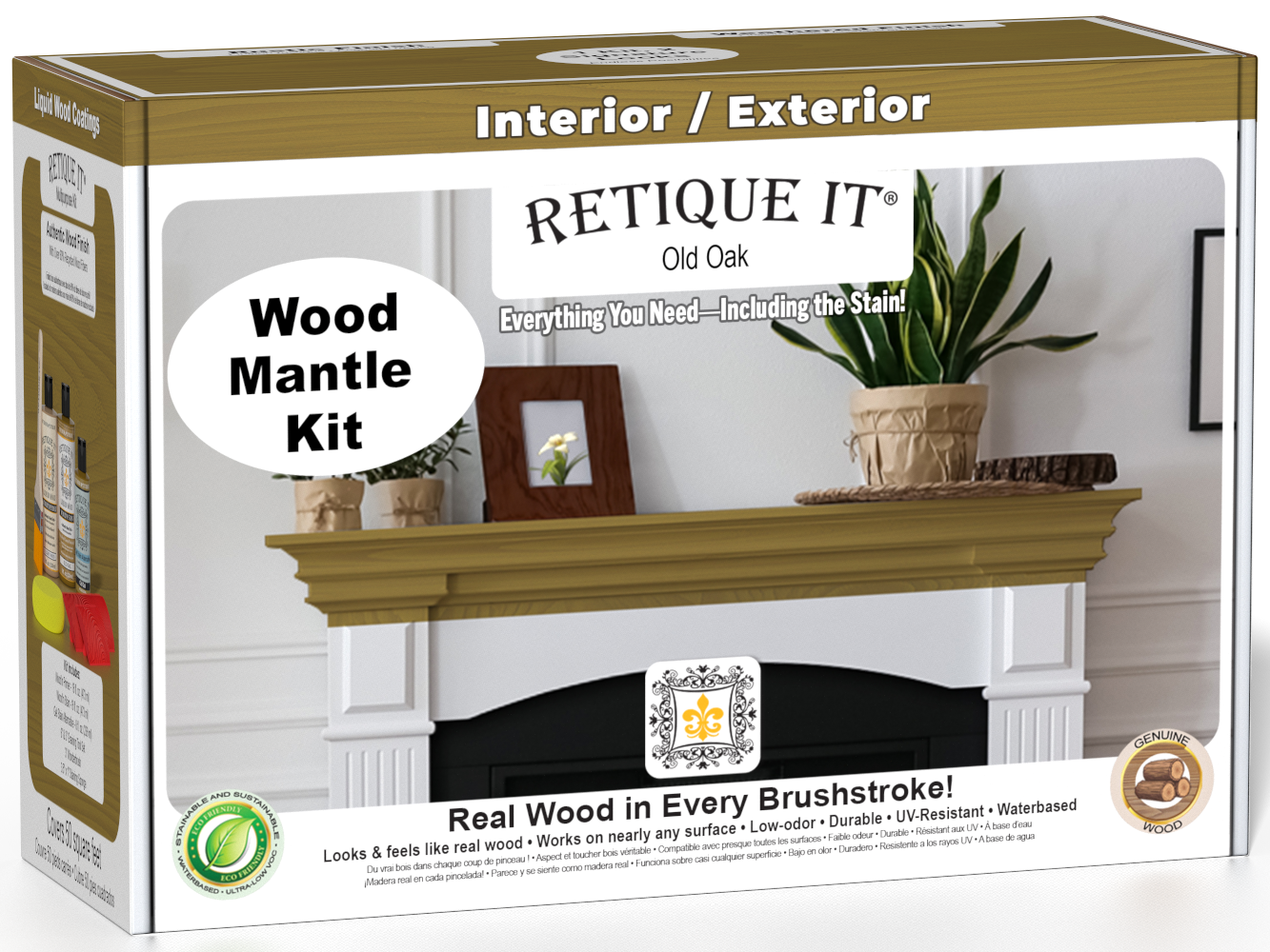 Retique It® Fireplace Mantel Wood'n Finish Kit in Old Oak stain, featuring wood stain products for fireplace mantel finishing.