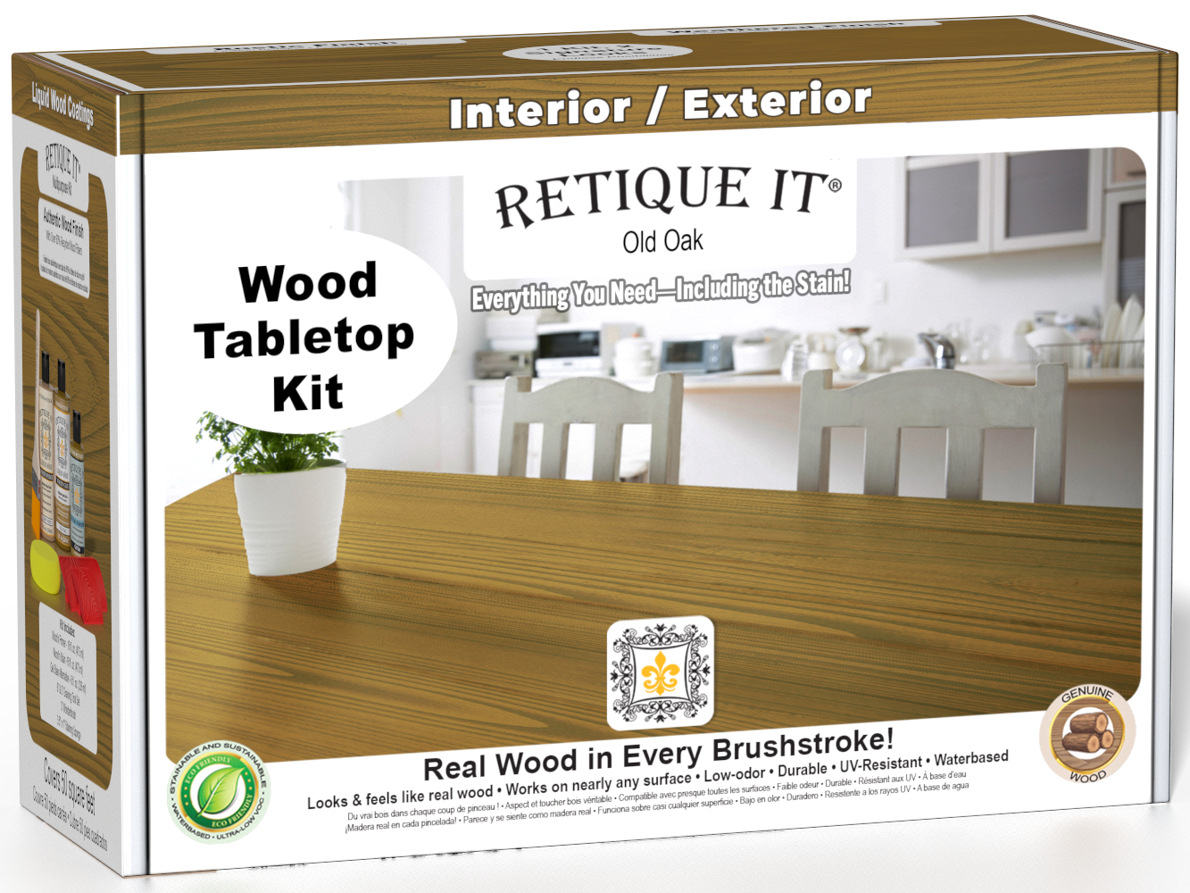 Retique It® Wood'n Finish Kit in Old Oak stain for tabletops, featuring stain bottles and applicator tools in a box.