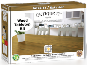 Retique It® Wood'n Finish Kit in Old Oak stain for tabletops, featuring stain bottles and applicator tools in a box.