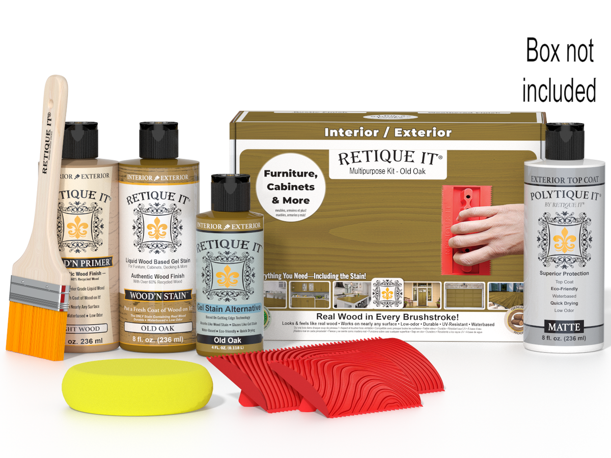 Retique It furniture care kit with bottles, a brush, and packaging on a white background