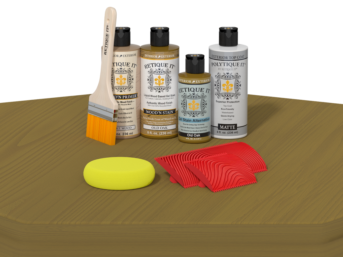 Set of wood care products including bottles, a brush, and a sponge on a wooden surface.