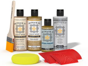 Retique ItÂ® Wood'n Finish Kit in Old Oak for exterior top coating, showing wood surface with finish application tools.