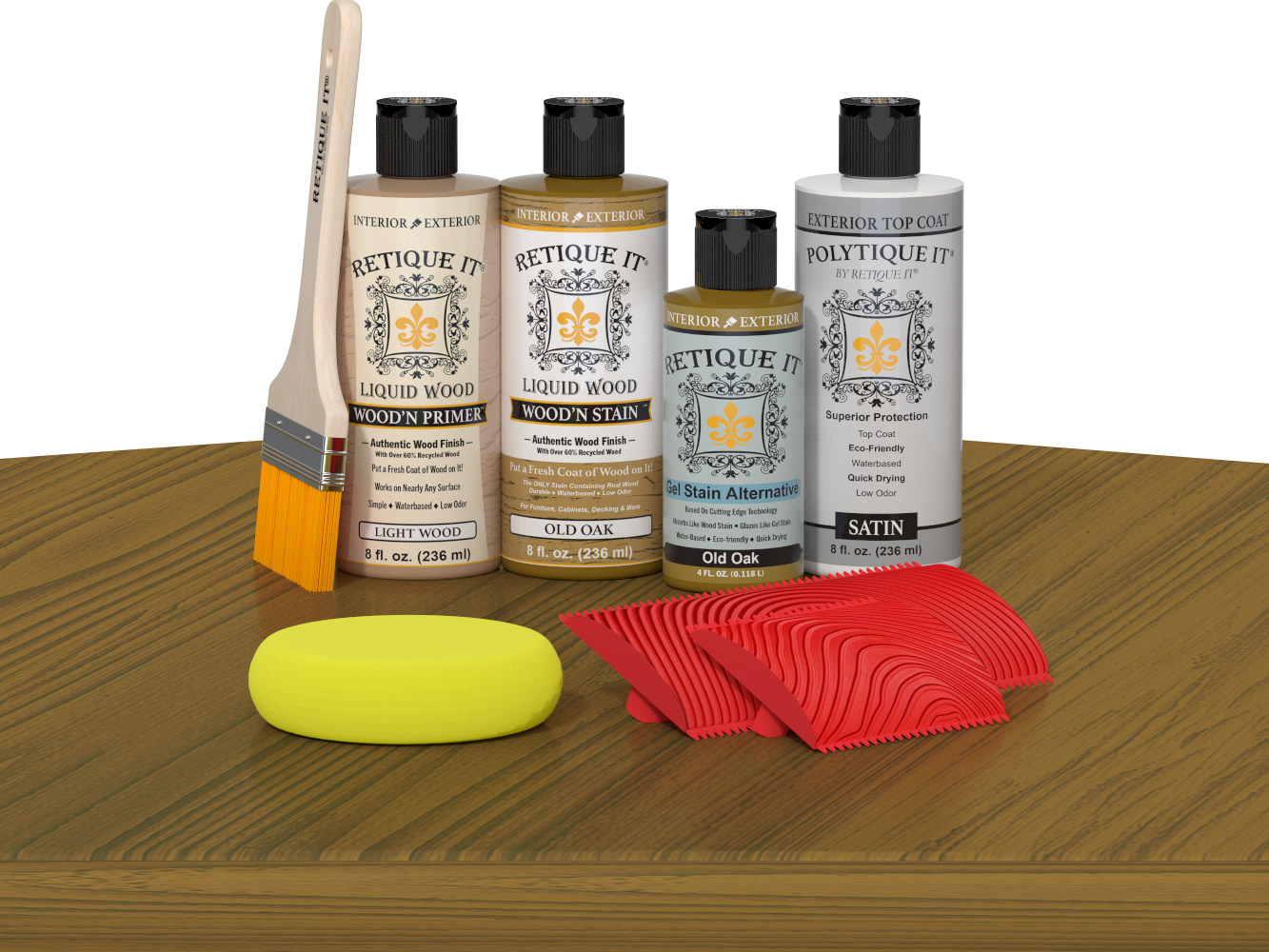 Retique ItÂ® Wood'n Finish Kit in Old Oak, exterior top coat, showing the multi-purpose kit with wood finish components on a table.