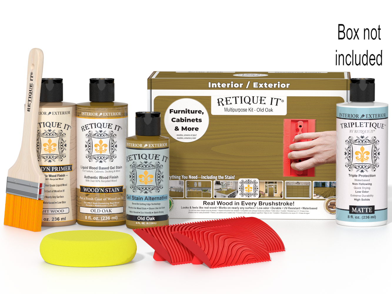 Retique It furniture care kit with bottles, a brush, and a box on a white background