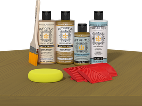 Retique It® Wood'n Finish Kit in Old Oak, interior top coat applied to a wooden table surface, showcasing natural wood grain.