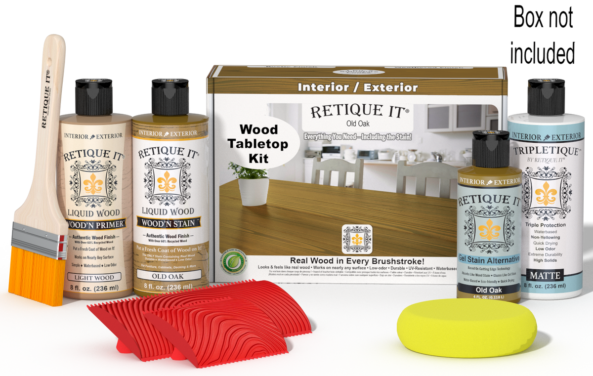 Retique It® Wood'n Finish Kit in Old Oak stain, featuring staining products and tools for wood tabletop finishing.