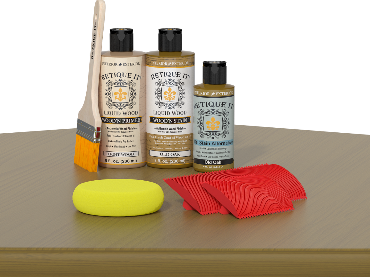 Retique It® Fireplace Mantel Wood'n Finish Kit in Old Oak stain, showcasing the wood finish and application details.