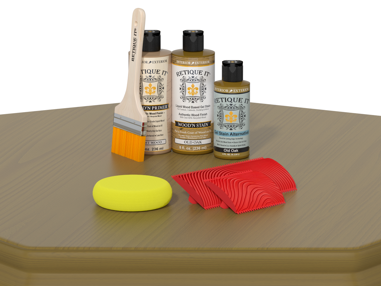 Set of wood staining products including bottles, a brush, and samples on a wooden surface.