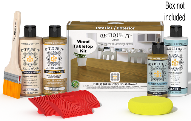 Retique It Wood'n Finish Kit in Old Oak stain, featuring a tabletop stain kit with wood finish products and application tools.