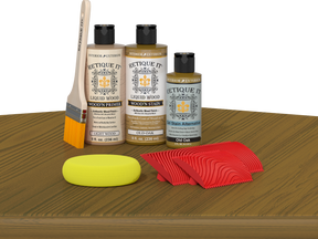 Retique It® Wood'n Finish Kit in Old Oak, multi-purpose wood finishing kit displayed on a table with wood samples.