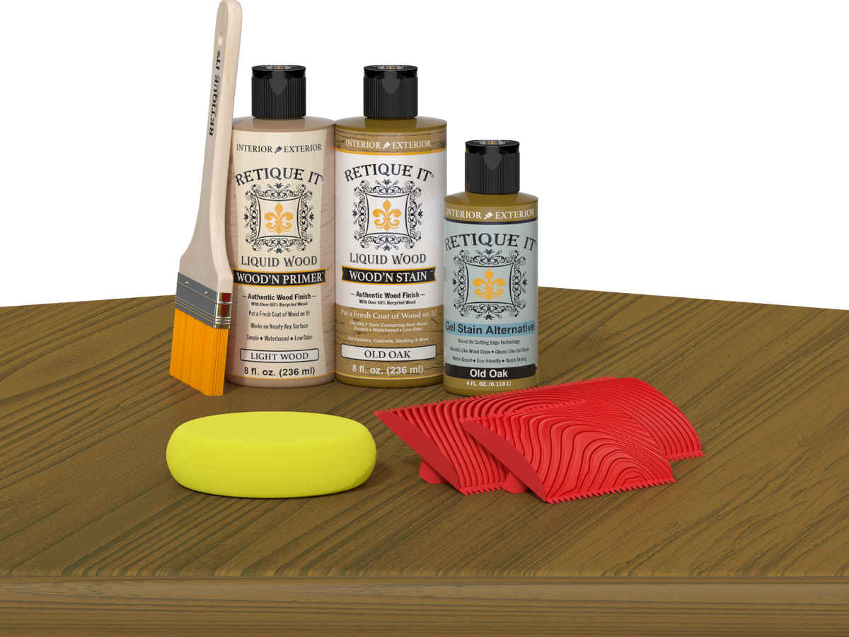 Retique It® Fireplace Mantel Wood'n Finish Kit in Old Oak stain, showing a wood sample with a warm oak finish.