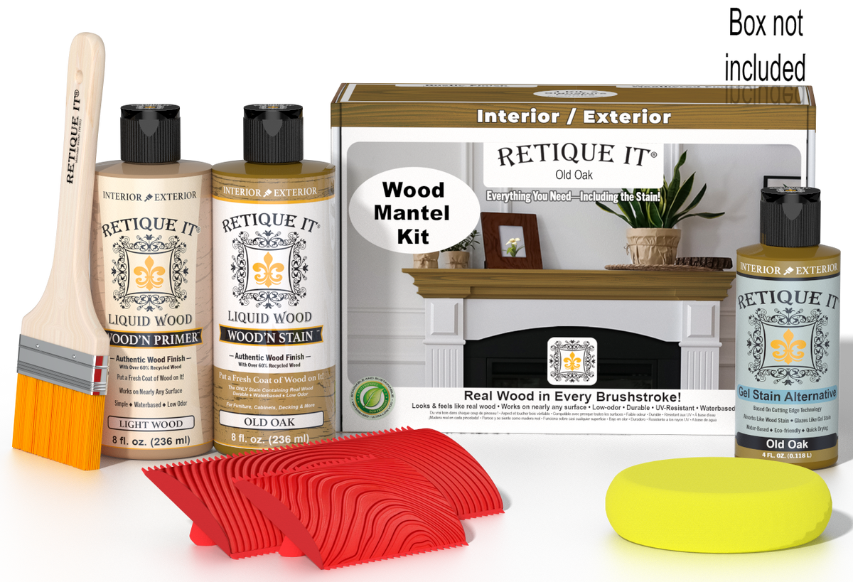 Retique It® Fireplace Mantel Wood'n Finish Kit in Old Oak stain, featuring stain bottles and application tools for wood finishing.