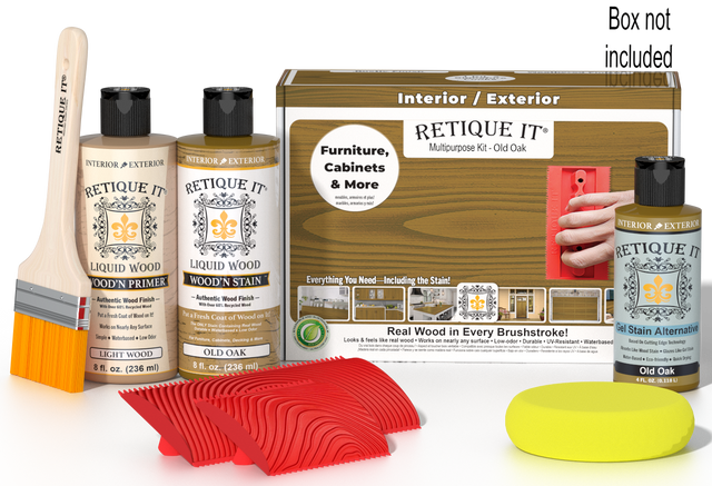 Retique It Wood'n Finish Kit in Old Oak with applicator tools and instructions for multi-purpose wood finishing.