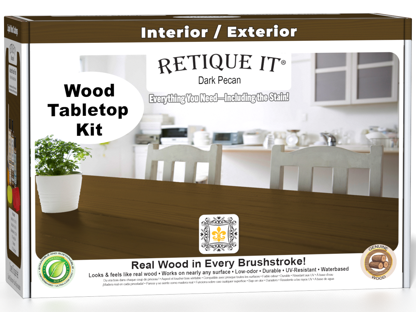 Retique It® Wood'n Finish Kit in Dark Pecan stain, featuring a wooden tabletop with dark pecan finish and stain application tools.