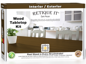 Retique It® Wood'n Finish Kit in Dark Pecan stain, featuring a wooden tabletop with dark pecan finish and stain application tools.