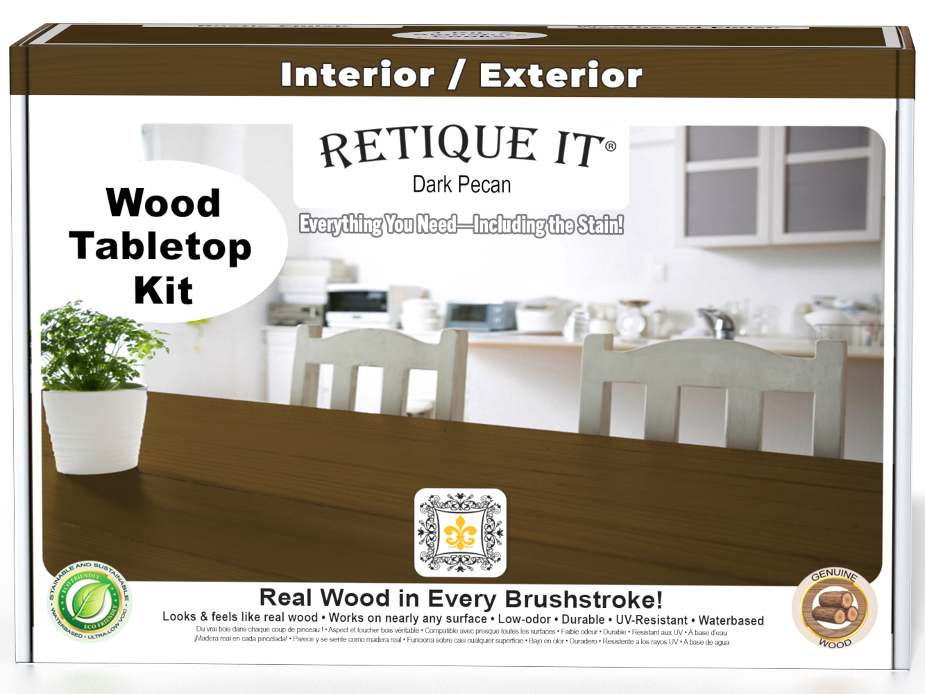 Retique It® Wood'n Finish Kit in Dark Pecan stain, featuring a box with stain bottles and application tools for wood finishing.