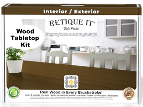 Retique It® Wood'n Finish Kit in Dark Pecan stain, featuring a box with stain bottles and application tools for wood finishing.