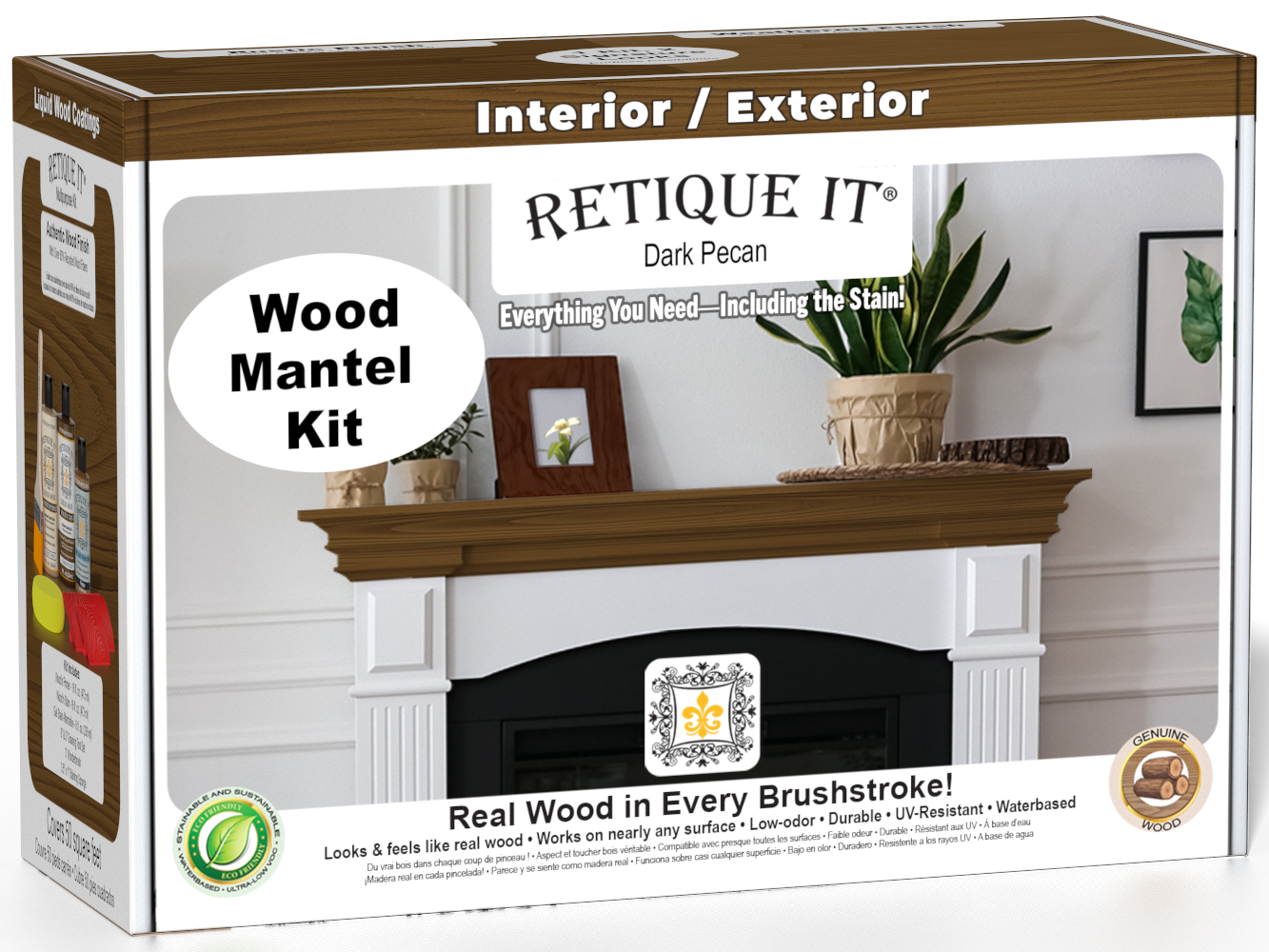 Retique It® Fireplace Mantel Wood'n Finish Kit in Dark Pecan stain, featuring wood stain bottles and applicator tools for finishing mantels.