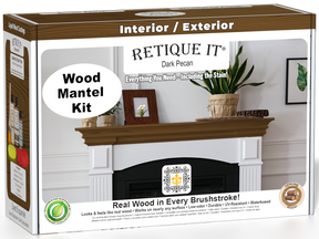 Retique It® Fireplace Mantel Wood'n Finish Kit in Dark Pecan stain, featuring wood stain bottles and applicator tools for finishing mantels.
