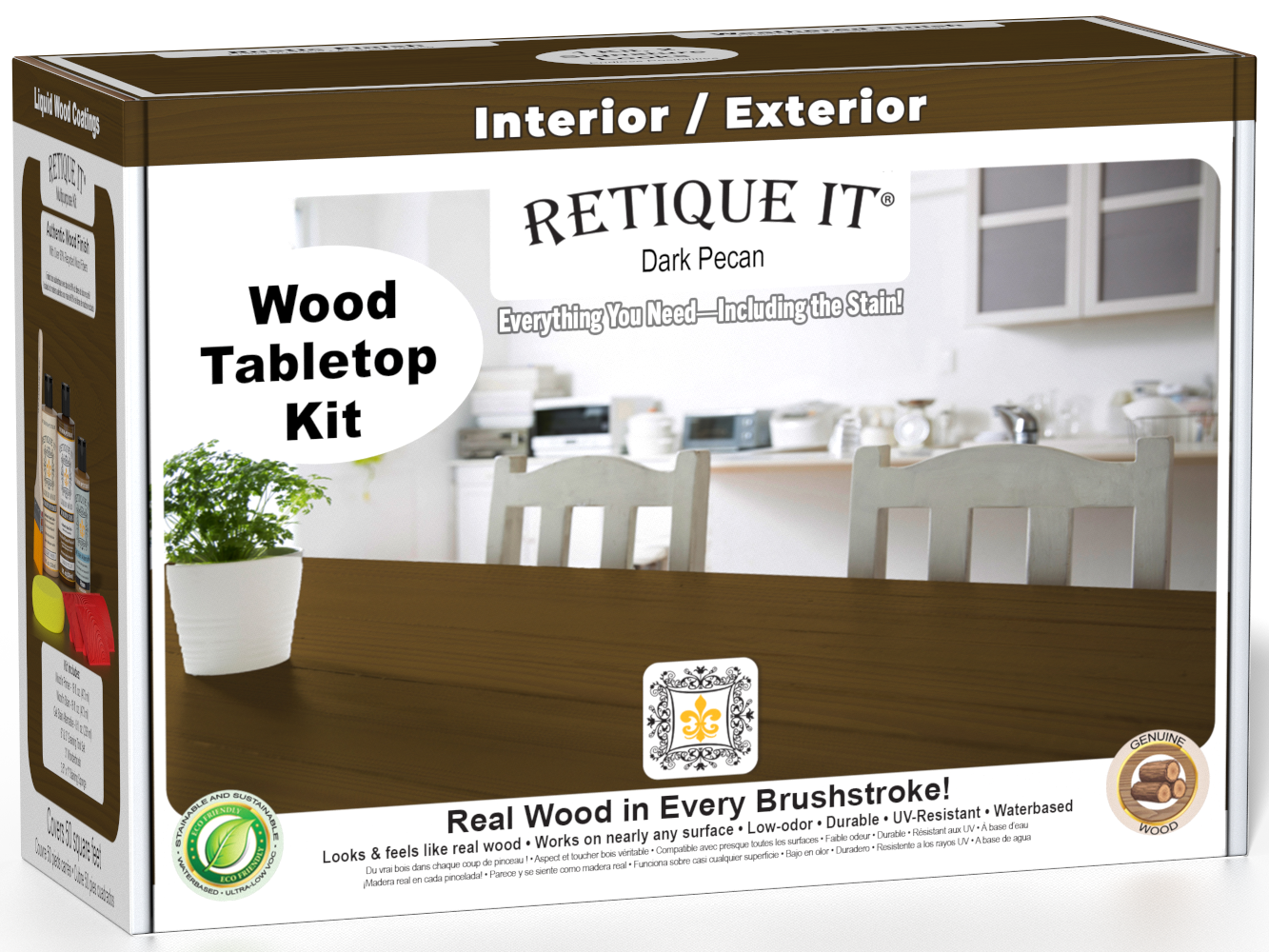 Retique It® Wood'n Finish Kit in Dark Pecan stain, featuring a wooden tabletop with dark pecan color and finishing supplies.