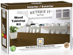 Retique It® Wood'n Finish Kit in Dark Pecan stain, featuring a wooden tabletop with dark pecan color and finishing supplies.