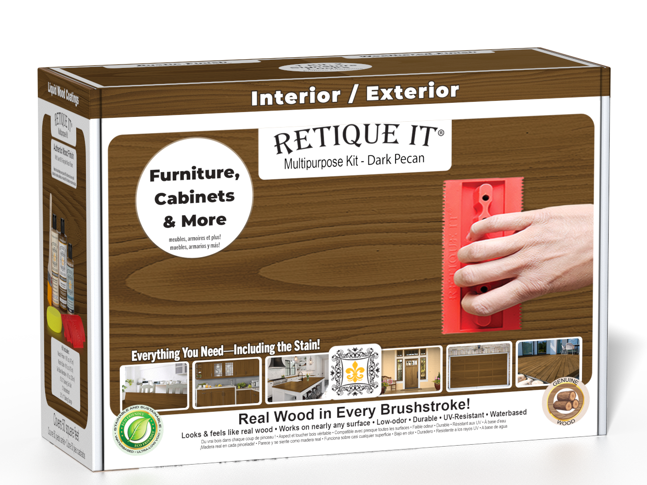 Retique ItÂ® Wood'n Finish Kit in Dark Pecan for exterior wood projects, includes top coat and application tools in a box.