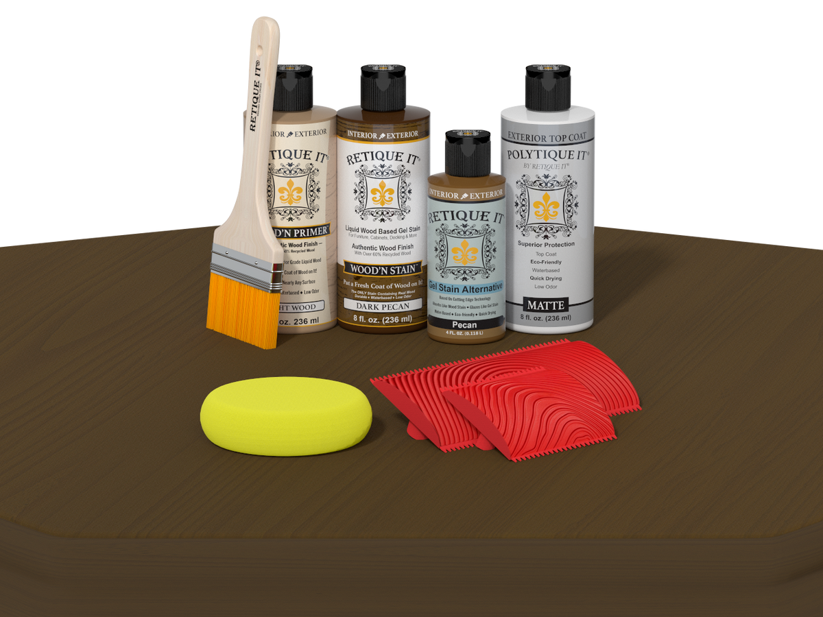 Set of wood care products including bottles, a brush, and cloths on a brown surface.