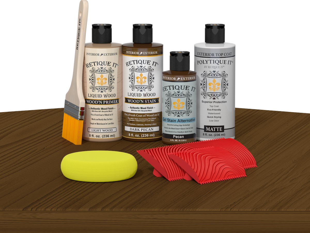 Retique ItÂ® Wood'n Finish Kit in Dark Pecan, exterior top coat, displayed on table with wood sample for multi-purpose wood finishing.