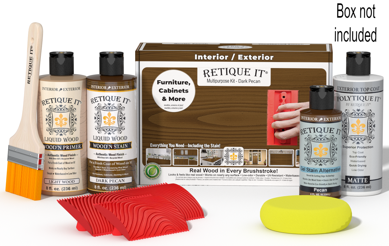 Retique ItÂ® Wood'n Kit in Dark Pecan with exterior top coat, includes application tools and finish for wood projects.