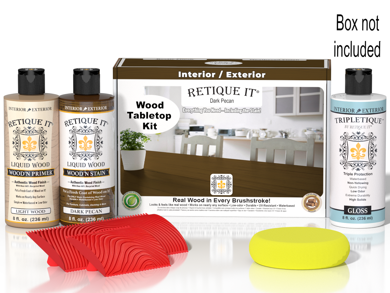 Retique It® Wood'n Finish Kit in Dark Pecan stain, featuring wood finish bottles and applicator tools on a tabletop.