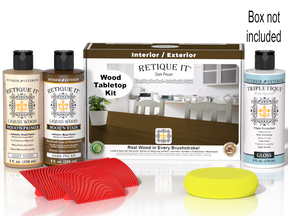Retique It® Wood'n Finish Kit in Dark Pecan stain, featuring wood finish bottles and applicator tools on a tabletop.