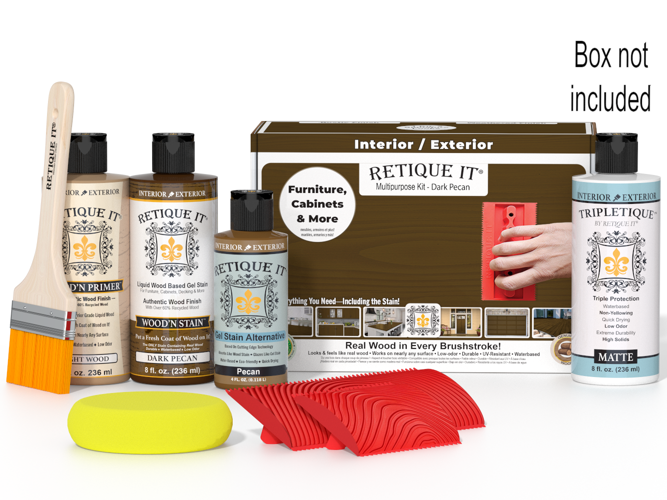 Retique It furniture care kit with bottles, a brush, and a box on a white background