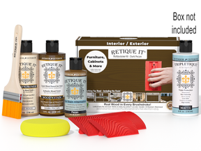 Retique It furniture care kit with bottles, a brush, and a box on a white background