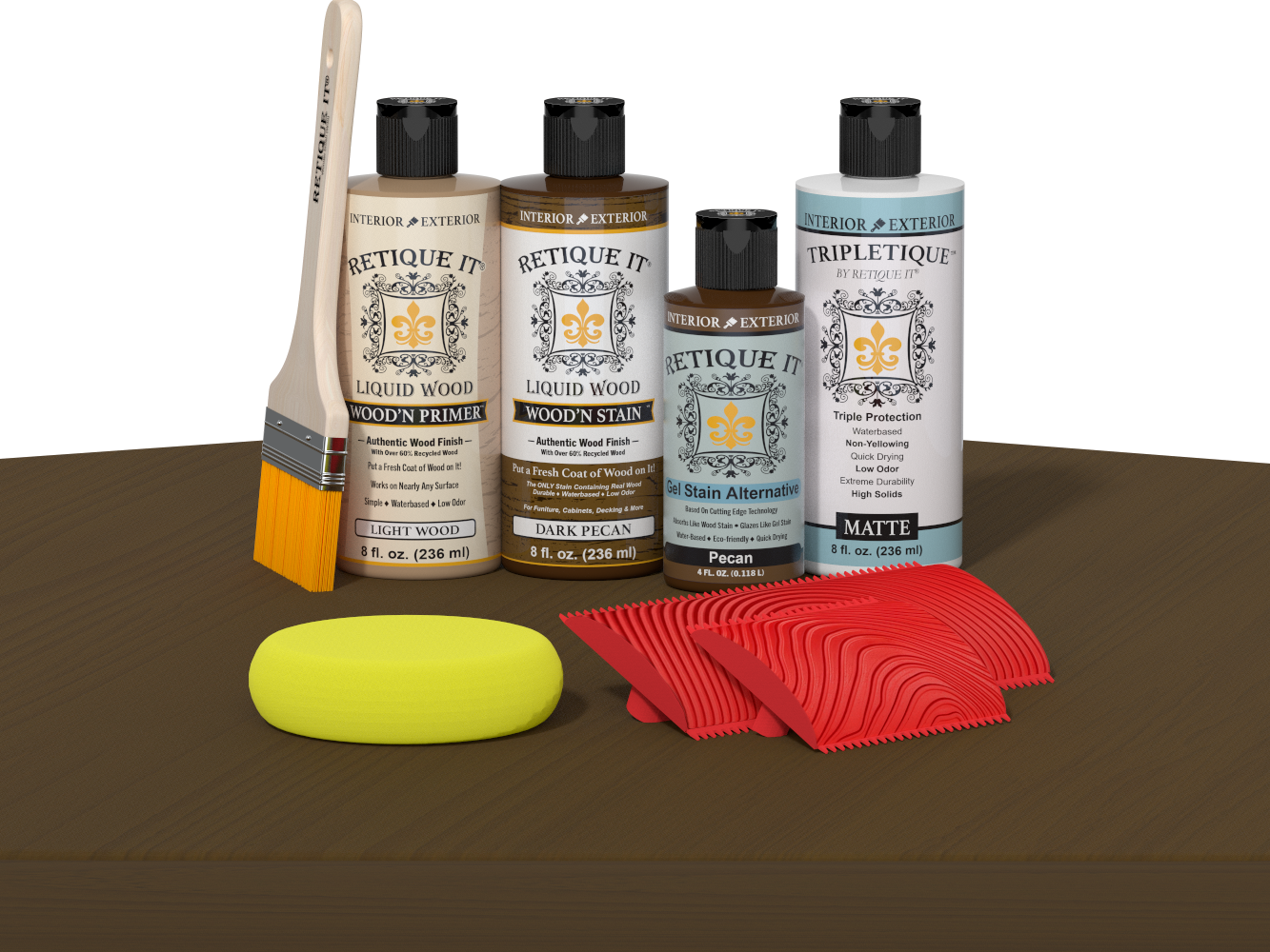 Retique It® Wood'n Finish Kit in Dark Pecan for interior wood projects, shown on a wooden table with application tools.