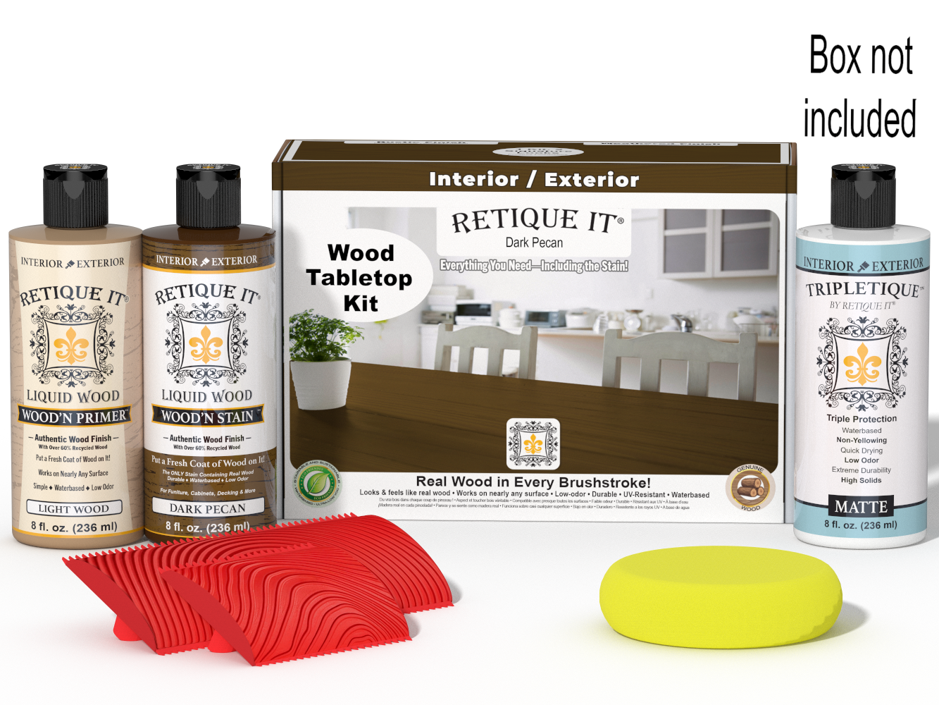 Retique It® Wood'n Finish Kit in Dark Pecan stain for tabletops, includes stain bottle and application tools.