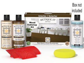 Retique It® Wood'n Finish Kit in Dark Pecan stain for tabletops, includes stain bottle and application tools.