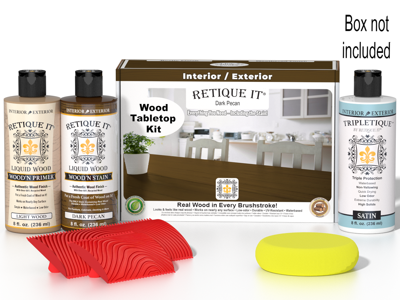Dark Pecan wood stain kit by Retique It® for tabletops, featuring stain bottles and finishing supplies in a compact box.