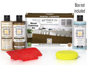 Dark Pecan wood stain kit by Retique It® for tabletops, featuring stain bottles and finishing supplies in a compact box.