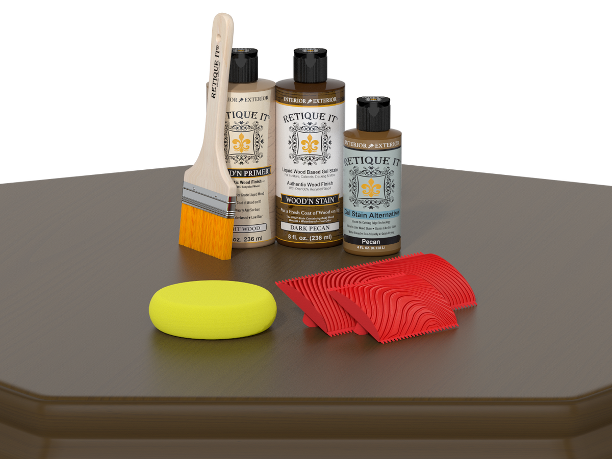 Set of wood care products including bottles, a brush, and cloths on a gray surface.