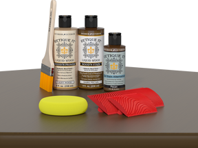 Retique It® Wood'n Finish Kit in Dark Pecan stain, showing a close-up of the dark wood finish on a tabletop surface.