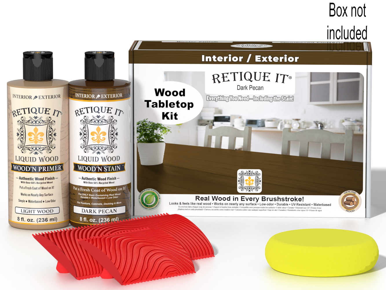 Retique It® Wood'n Finish Kit in Dark Pecan stain for tabletops, featuring wood stain bottles and application tools.