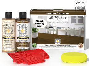Retique It® Wood'n Finish Kit in Dark Pecan stain for tabletops, featuring wood stain bottles and application tools.